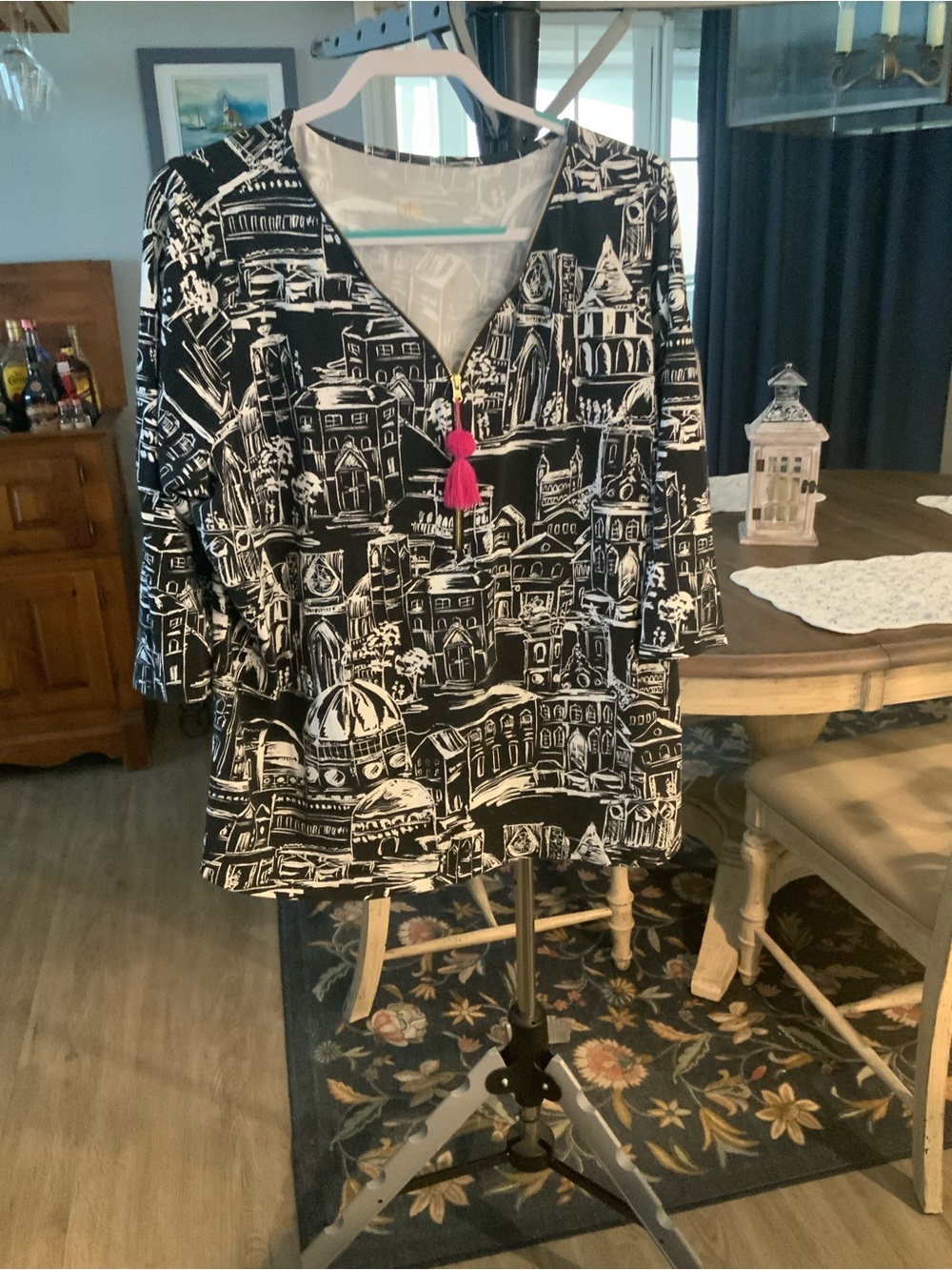 Belle by Kim Gravel Black & White Cityscape V-Neck Women's Top with Tassel